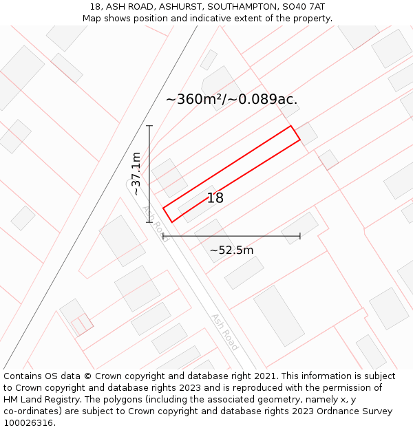 18, ASH ROAD, ASHURST, SOUTHAMPTON, SO40 7AT: Plot and title map