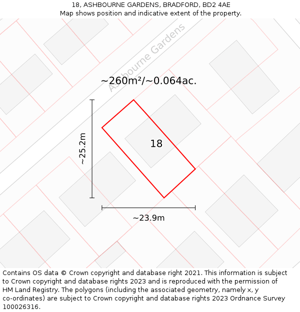18, ASHBOURNE GARDENS, BRADFORD, BD2 4AE: Plot and title map