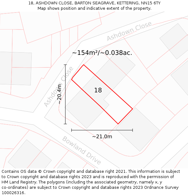 18, ASHDOWN CLOSE, BARTON SEAGRAVE, KETTERING, NN15 6TY: Plot and title map