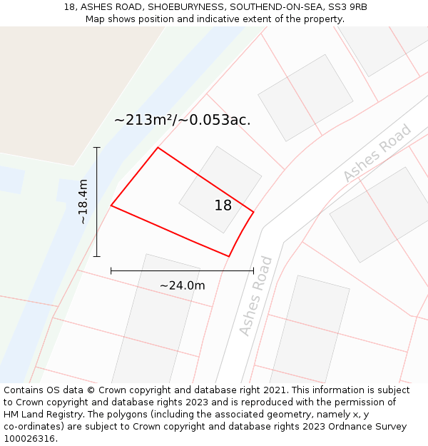 18, ASHES ROAD, SHOEBURYNESS, SOUTHEND-ON-SEA, SS3 9RB: Plot and title map