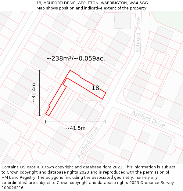 18, ASHFORD DRIVE, APPLETON, WARRINGTON, WA4 5GG: Plot and title map