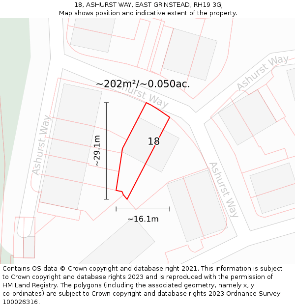 18, ASHURST WAY, EAST GRINSTEAD, RH19 3GJ: Plot and title map