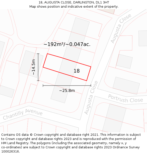 18, AUGUSTA CLOSE, DARLINGTON, DL1 3HT: Plot and title map