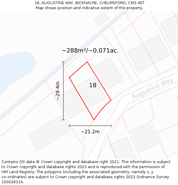 18, AUGUSTINE WAY, BICKNACRE, CHELMSFORD, CM3 4ET: Plot and title map