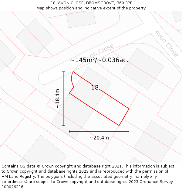 18, AVON CLOSE, BROMSGROVE, B60 3PE: Plot and title map
