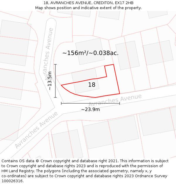 18, AVRANCHES AVENUE, CREDITON, EX17 2HB: Plot and title map