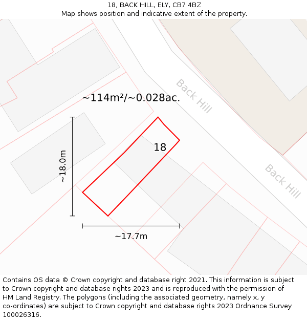 18, BACK HILL, ELY, CB7 4BZ: Plot and title map