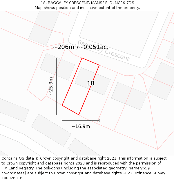 18, BAGGALEY CRESCENT, MANSFIELD, NG19 7DS: Plot and title map