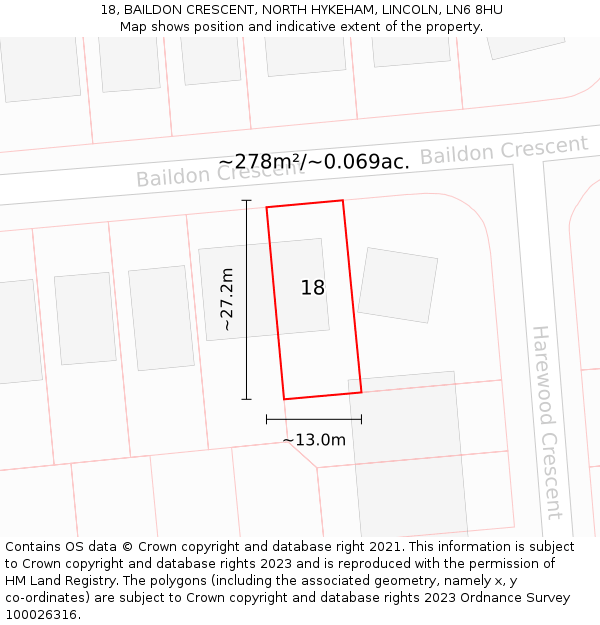 18, BAILDON CRESCENT, NORTH HYKEHAM, LINCOLN, LN6 8HU: Plot and title map