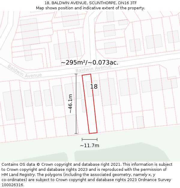 18, BALDWIN AVENUE, SCUNTHORPE, DN16 3TF: Plot and title map