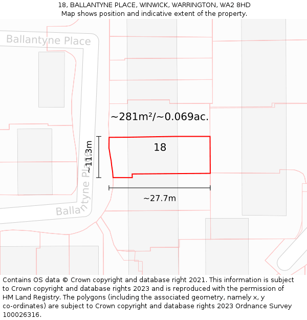 18, BALLANTYNE PLACE, WINWICK, WARRINGTON, WA2 8HD: Plot and title map