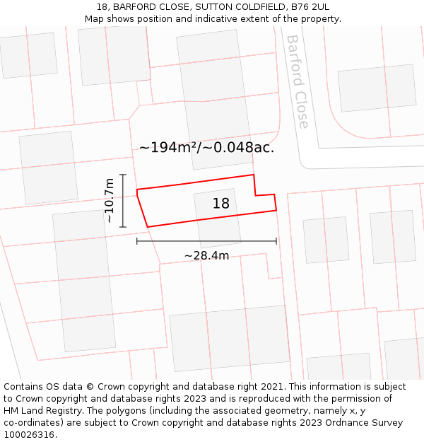 18, BARFORD CLOSE, SUTTON COLDFIELD, B76 2UL: Plot and title map
