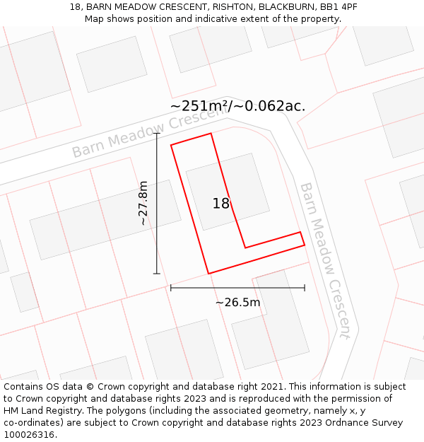 18, BARN MEADOW CRESCENT, RISHTON, BLACKBURN, BB1 4PF: Plot and title map