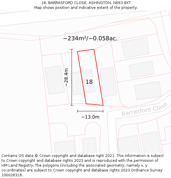 18, BARRASFORD CLOSE, ASHINGTON, NE63 8XT: Plot and title map