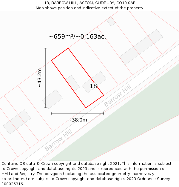 18, BARROW HILL, ACTON, SUDBURY, CO10 0AR: Plot and title map