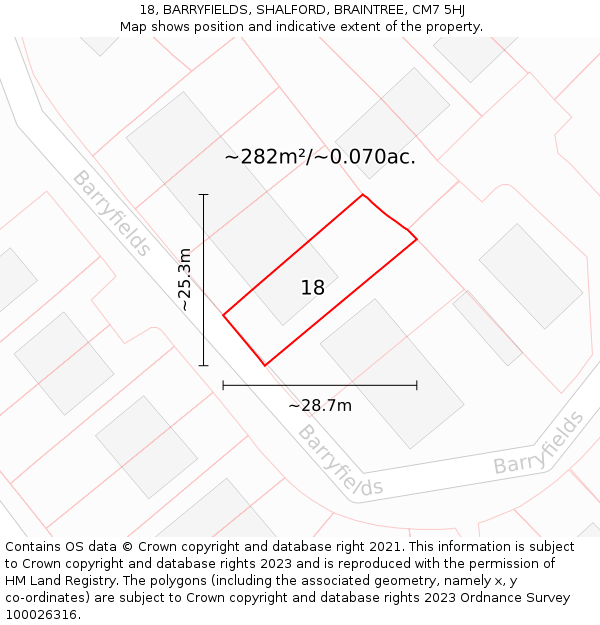 18, BARRYFIELDS, SHALFORD, BRAINTREE, CM7 5HJ: Plot and title map