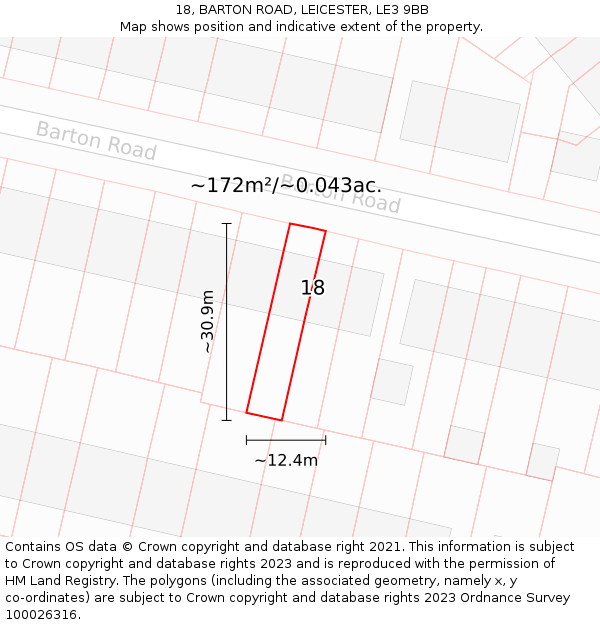 18, BARTON ROAD, LEICESTER, LE3 9BB: Plot and title map
