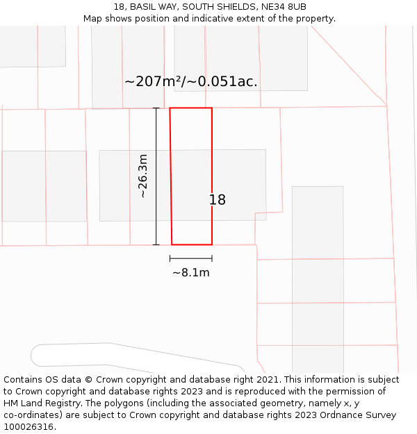 18, BASIL WAY, SOUTH SHIELDS, NE34 8UB: Plot and title map