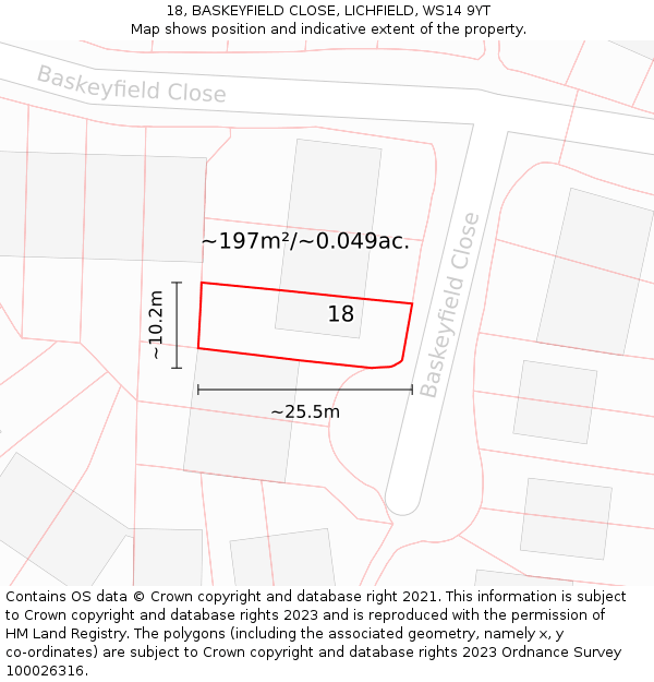 18, BASKEYFIELD CLOSE, LICHFIELD, WS14 9YT: Plot and title map