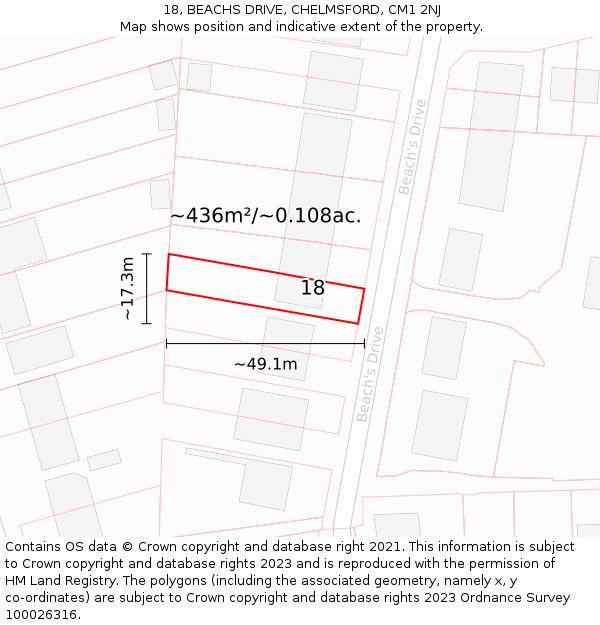 18, BEACHS DRIVE, CHELMSFORD, CM1 2NJ: Plot and title map