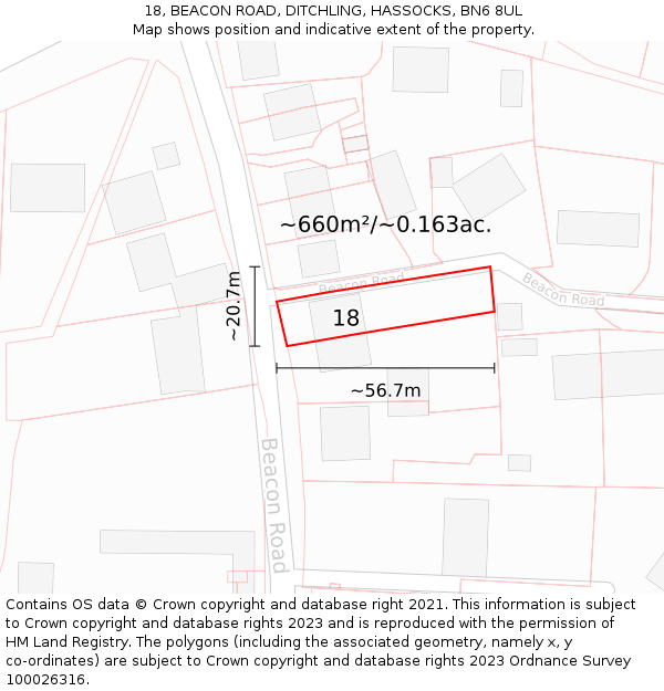 18, BEACON ROAD, DITCHLING, HASSOCKS, BN6 8UL: Plot and title map