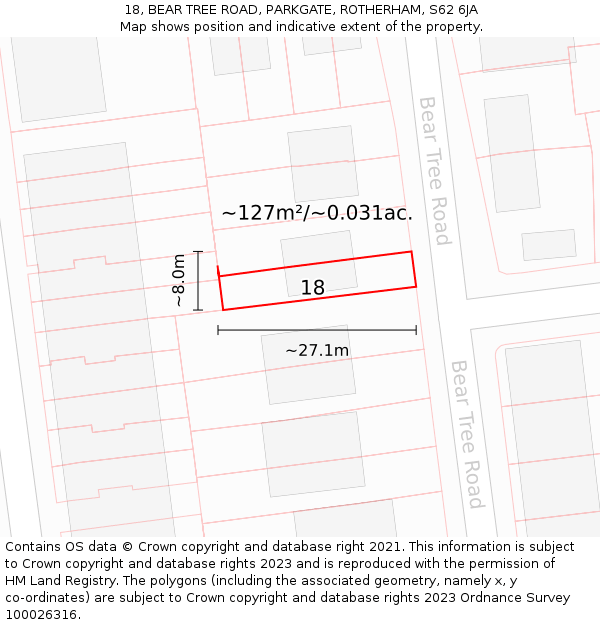 18, BEAR TREE ROAD, PARKGATE, ROTHERHAM, S62 6JA: Plot and title map