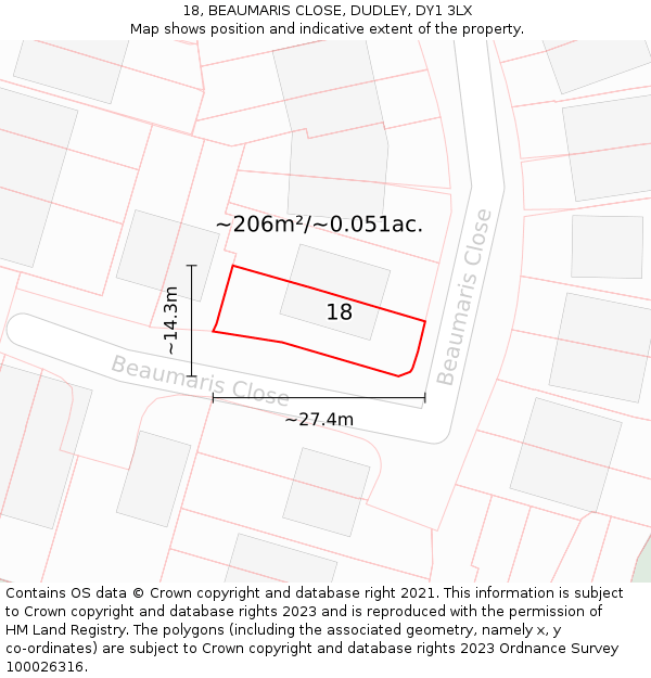 18, BEAUMARIS CLOSE, DUDLEY, DY1 3LX: Plot and title map