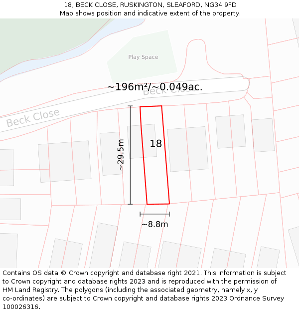 18, BECK CLOSE, RUSKINGTON, SLEAFORD, NG34 9FD: Plot and title map