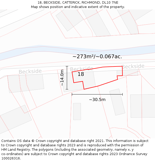 18, BECKSIDE, CATTERICK, RICHMOND, DL10 7NE: Plot and title map
