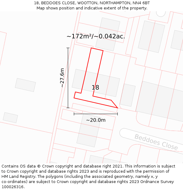 18, BEDDOES CLOSE, WOOTTON, NORTHAMPTON, NN4 6BT: Plot and title map