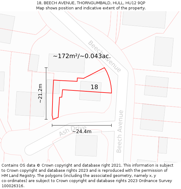 18, BEECH AVENUE, THORNGUMBALD, HULL, HU12 9QP: Plot and title map