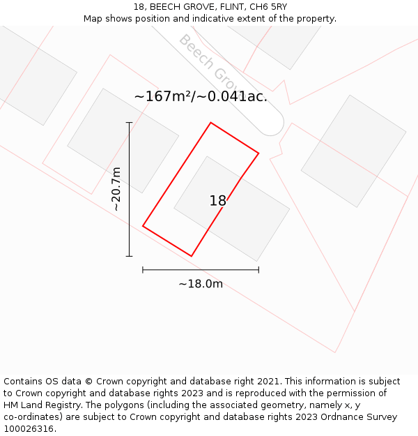 18, BEECH GROVE, FLINT, CH6 5RY: Plot and title map