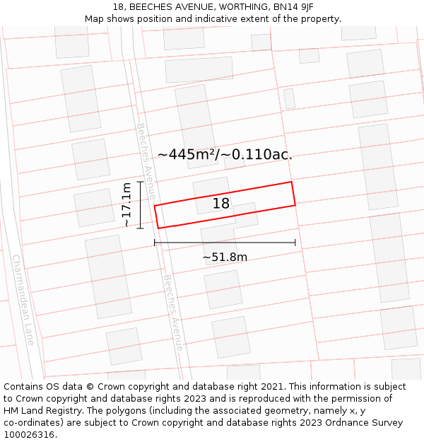 18, BEECHES AVENUE, WORTHING, BN14 9JF: Plot and title map