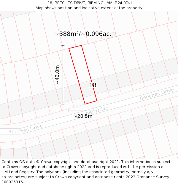 18, BEECHES DRIVE, BIRMINGHAM, B24 0DU: Plot and title map