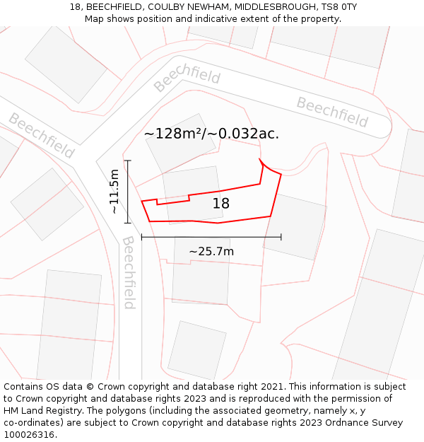 18, BEECHFIELD, COULBY NEWHAM, MIDDLESBROUGH, TS8 0TY: Plot and title map