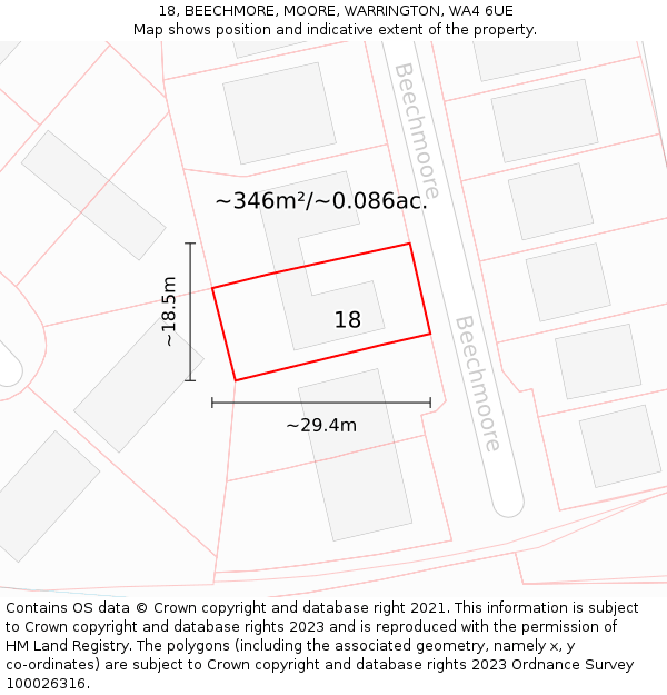 18, BEECHMORE, MOORE, WARRINGTON, WA4 6UE: Plot and title map