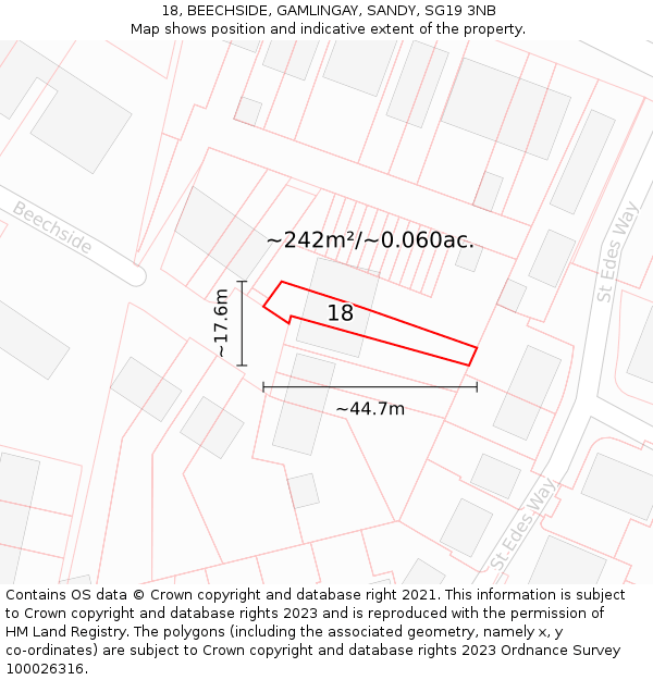 18, BEECHSIDE, GAMLINGAY, SANDY, SG19 3NB: Plot and title map