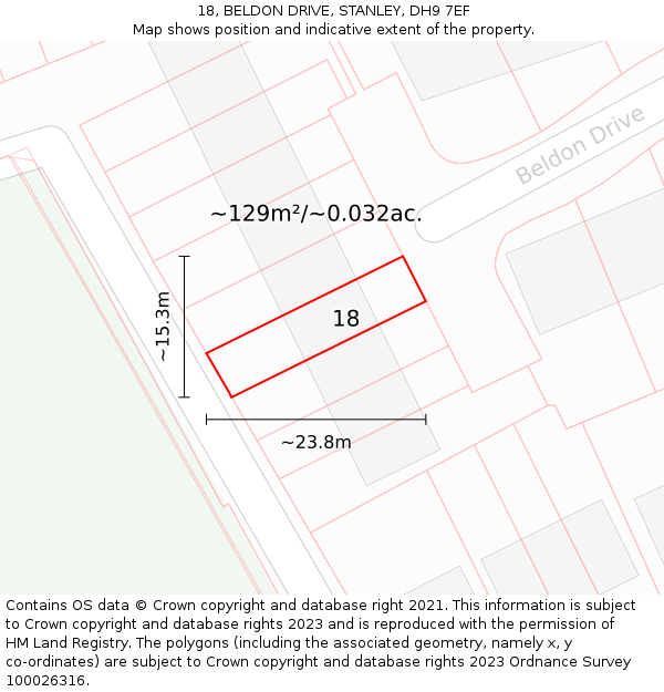 18, BELDON DRIVE, STANLEY, DH9 7EF: Plot and title map