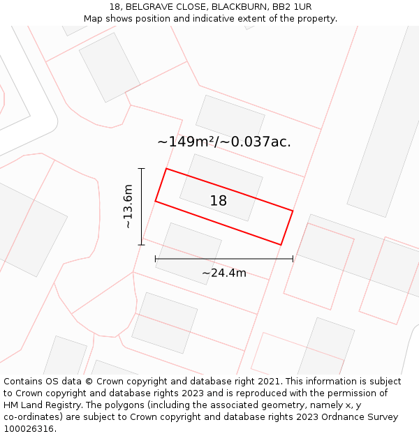 18, BELGRAVE CLOSE, BLACKBURN, BB2 1UR: Plot and title map