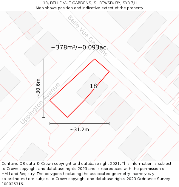18, BELLE VUE GARDENS, SHREWSBURY, SY3 7JH: Plot and title map