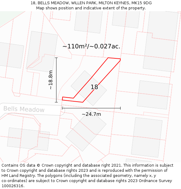 18, BELLS MEADOW, WILLEN PARK, MILTON KEYNES, MK15 9DG: Plot and title map
