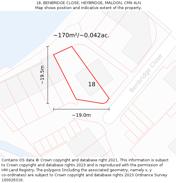 18, BENBRIDGE CLOSE, HEYBRIDGE, MALDON, CM9 4LN: Plot and title map