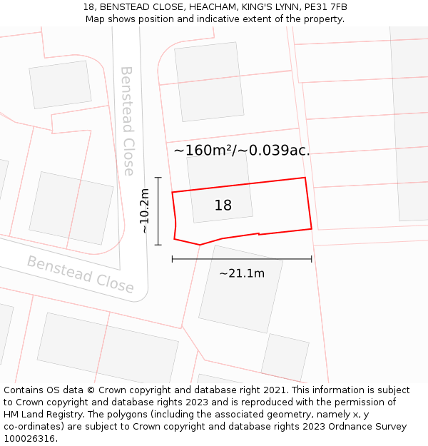 18, BENSTEAD CLOSE, HEACHAM, KING'S LYNN, PE31 7FB: Plot and title map