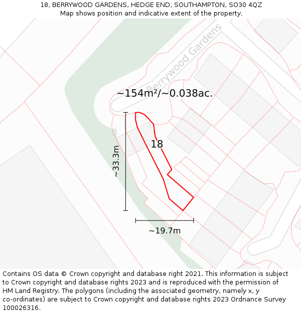 18, BERRYWOOD GARDENS, HEDGE END, SOUTHAMPTON, SO30 4QZ: Plot and title map
