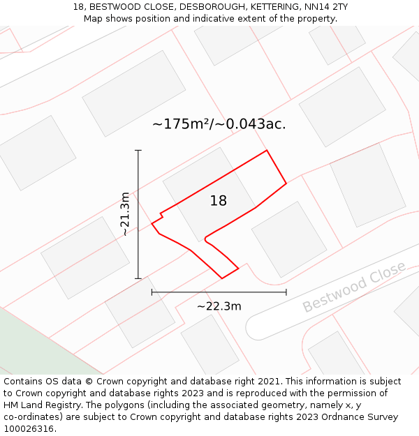 18, BESTWOOD CLOSE, DESBOROUGH, KETTERING, NN14 2TY: Plot and title map