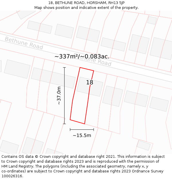 18, BETHUNE ROAD, HORSHAM, RH13 5JP: Plot and title map
