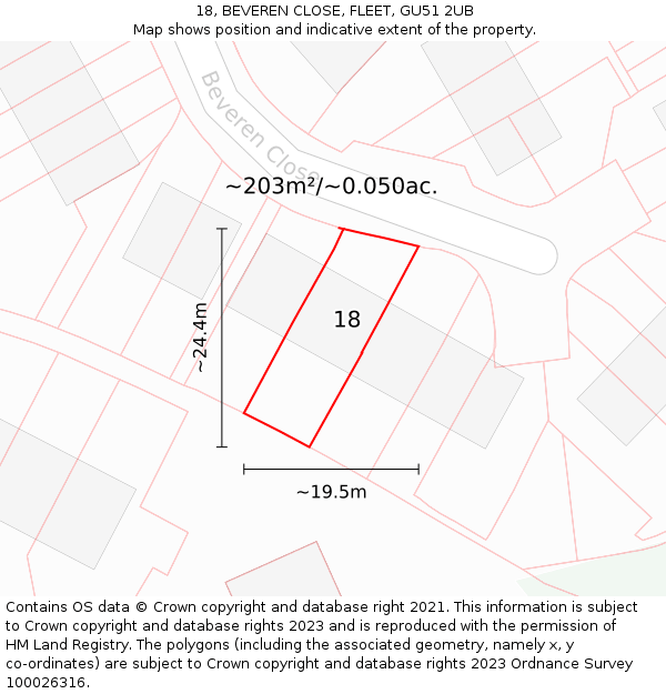 18, BEVEREN CLOSE, FLEET, GU51 2UB: Plot and title map