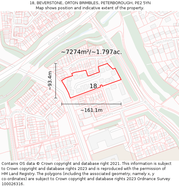 18, BEVERSTONE, ORTON BRIMBLES, PETERBOROUGH, PE2 5YN: Plot and title map