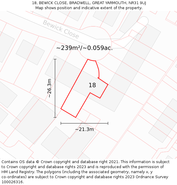 18, BEWICK CLOSE, BRADWELL, GREAT YARMOUTH, NR31 9UJ: Plot and title map
