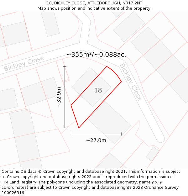 18, BICKLEY CLOSE, ATTLEBOROUGH, NR17 2NT: Plot and title map